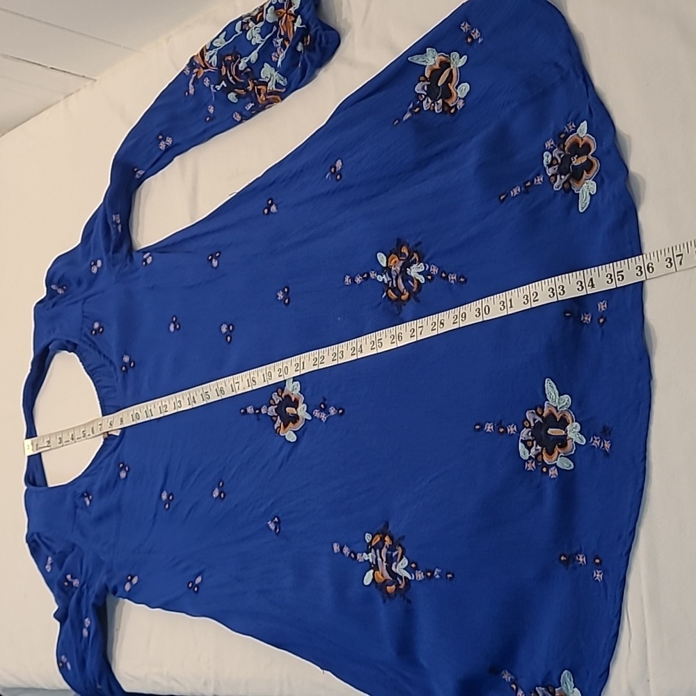 Free People Blue Oxford Long Sleeve Keyhole Back Mini Dress Embroidered Sz XS - Picture 9 of 15